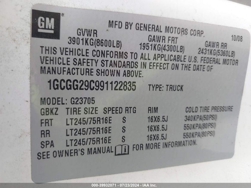 2009 Chevrolet Express 2500 Work Van VIN: 1GCGG29C991122835 Lot: 39932071