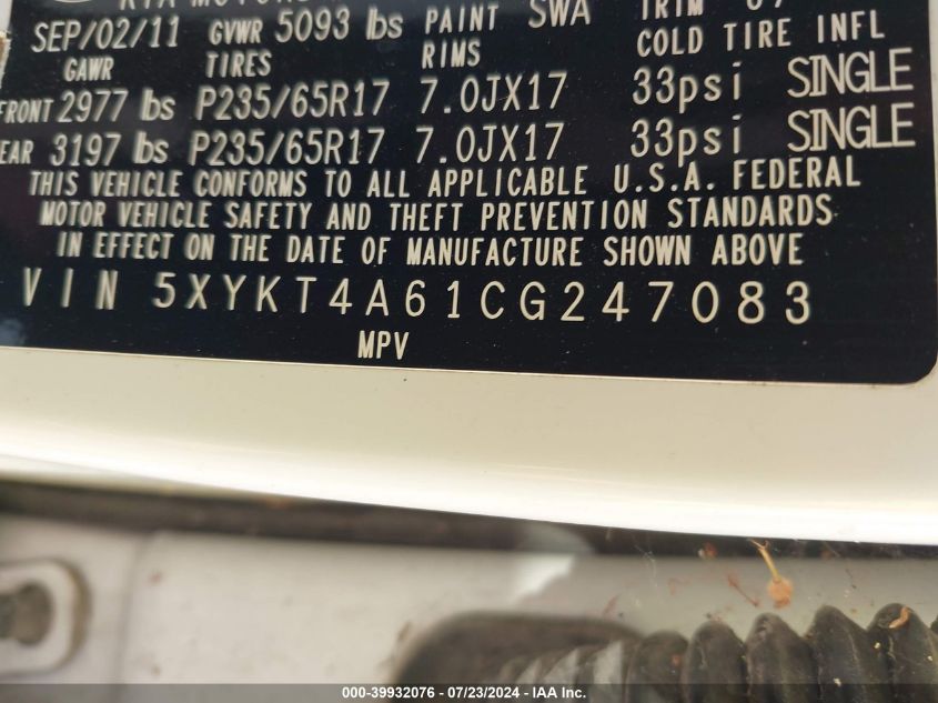 2012 Kia Sorento Lx VIN: 5XYKT4A61CG247083 Lot: 39932076