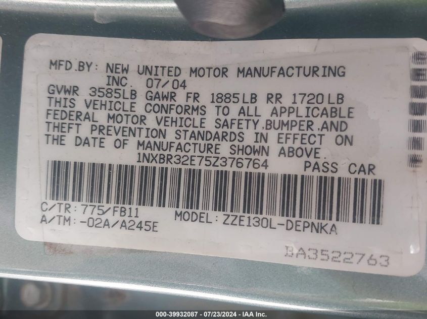 2005 Toyota Corolla Le VIN: 1NXBR32E75Z376764 Lot: 39932087