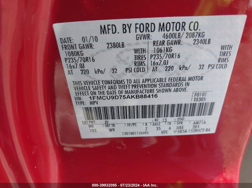2010 Ford Escape Xlt VIN: 1FMCU9D75AKB88416 Lot: 39932095