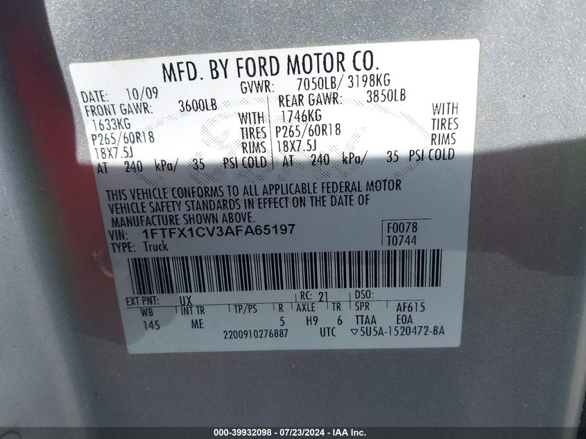 2010 Ford F-150 Fx2 Sport/Lariat/Xl/Xlt VIN: 1FTFX1CV3AFA65197 Lot: 39932098