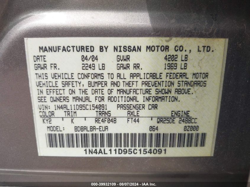 2005 Nissan Altima 2.5 S VIN: 1N4AL11D95C154091 Lot: 39932109