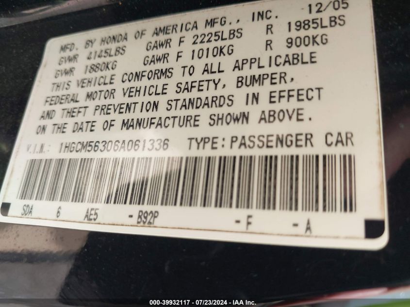 2006 Honda Accord 2.4 Se VIN: 1HGCM56306A061336 Lot: 39932117