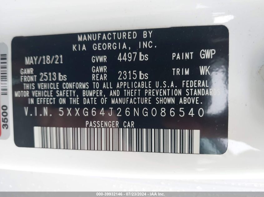 2022 Kia K5 Gt Line VIN: 5XXG64J26NG086540 Lot: 39932146