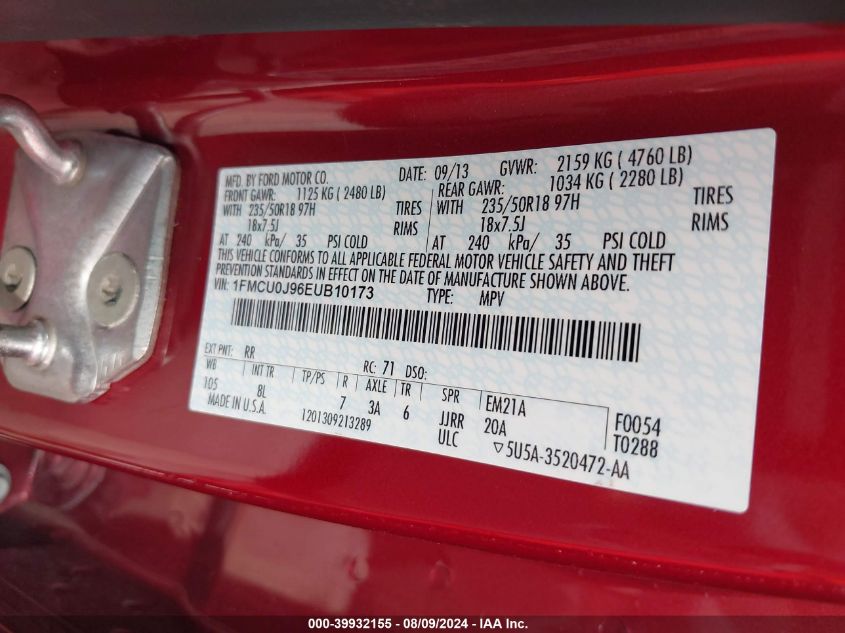 2014 Ford Escape Titanium VIN: 1FMCU0J96EUB10173 Lot: 39932155