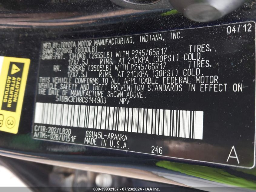 2012 Toyota Highlander Se VIN: 5TDBK3EH8CS144903 Lot: 39932157