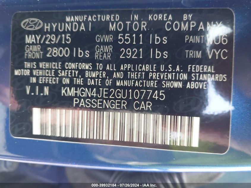 2016 Hyundai Genesis 3.8 VIN: KMHGN4JE2GU107745 Lot: 39932184