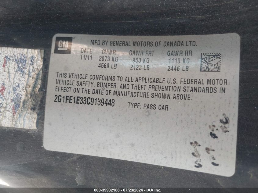 2012 Chevrolet Camaro 1Ls VIN: 2G1FE1E33C9139448 Lot: 39932188