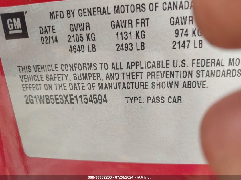 2014 Chevrolet Impala Limited Lt VIN: 2G1WB5E3XE1154594 Lot: 39932200