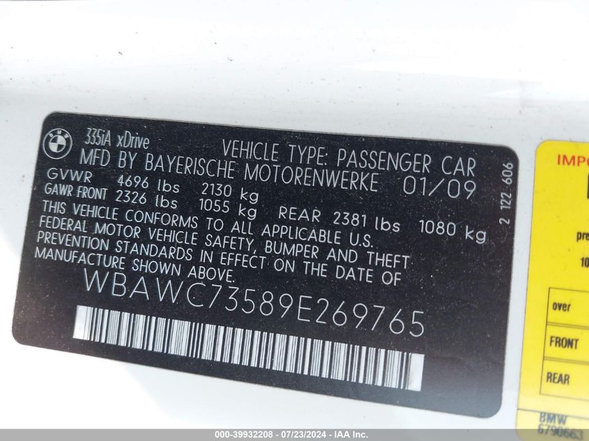 2009 BMW 335I xDrive VIN: WBAWC73589E269765 Lot: 39932208