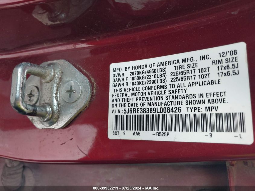 2009 Honda Cr-V Lx VIN: 5J6RE38389L008426 Lot: 39932211