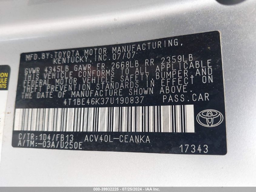 4T1BE46K37U190837 2007 Toyota Camry Le