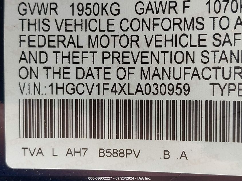 2020 Honda Accord Ex VIN: 1HGCV1F4XLA030959 Lot: 39932227