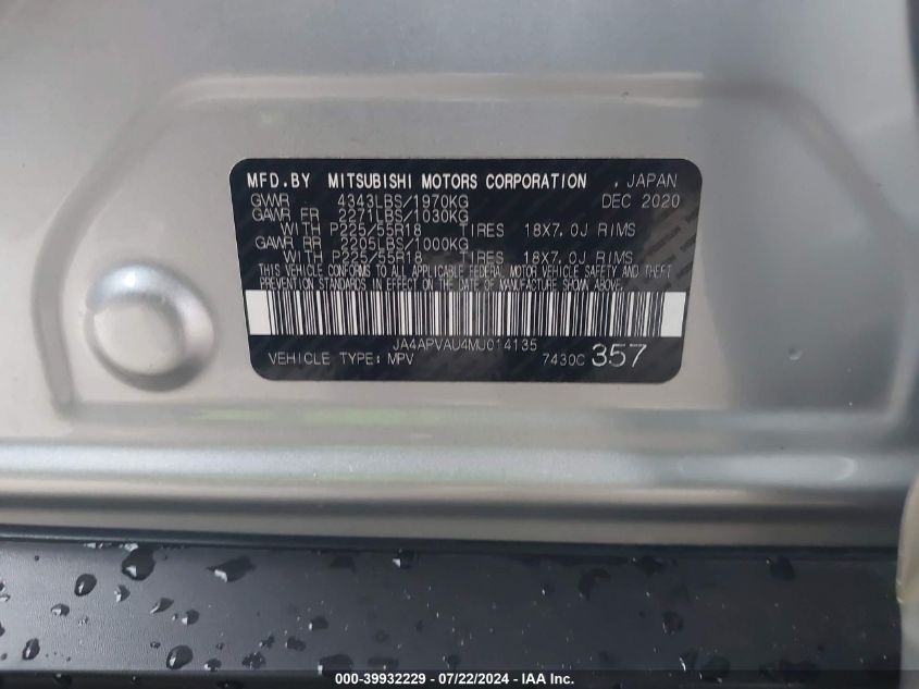 2021 Mitsubishi Outlander Sport 2.0 Se 2Wd VIN: JA4APVAU4MU014135 Lot: 39932229