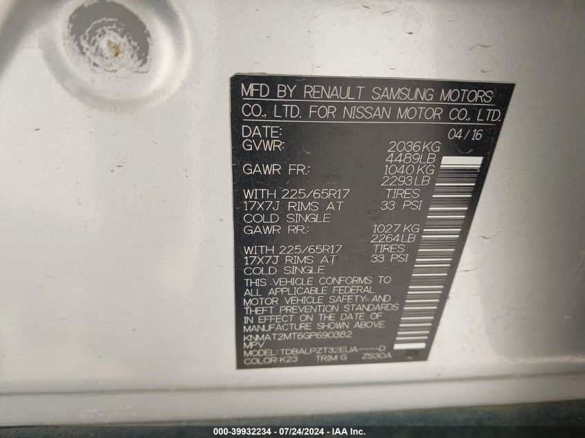 2016 Nissan Rogue S/Sl/Sv VIN: KNMAT2MT6GP690382 Lot: 39932234