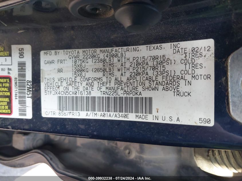 2012 Toyota Tacoma VIN: 5TFJX4CN5CX016138 Lot: 39932238