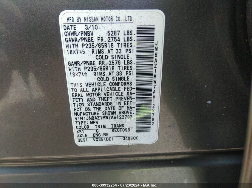 2010 Nissan Murano Sl VIN: JN8AZ1MW7AW122792 Lot: 39932254