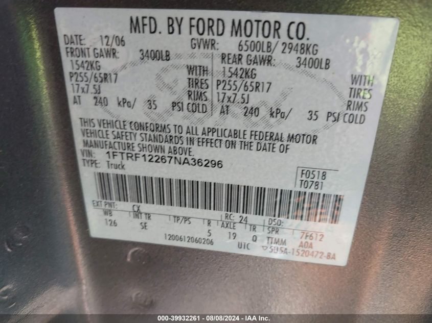 2007 Ford F-150 Stx/Xl/Xlt VIN: 1FTRF12267NA36296 Lot: 39932261