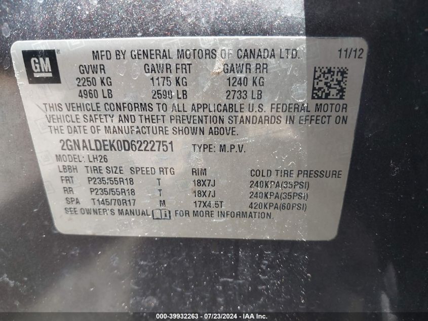 2013 Chevrolet Equinox 1Lt VIN: 2GNALDEK0D6222751 Lot: 39932263