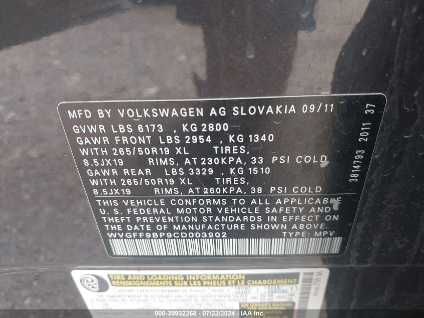 WVGFF9BP9CD003902 2012 Volkswagen Touareg Vr6 Lux