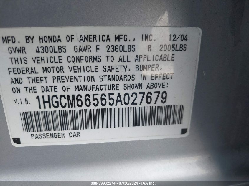 2005 Honda Accord 3.0 Ex VIN: 1HGCM66565A027679 Lot: 39932274