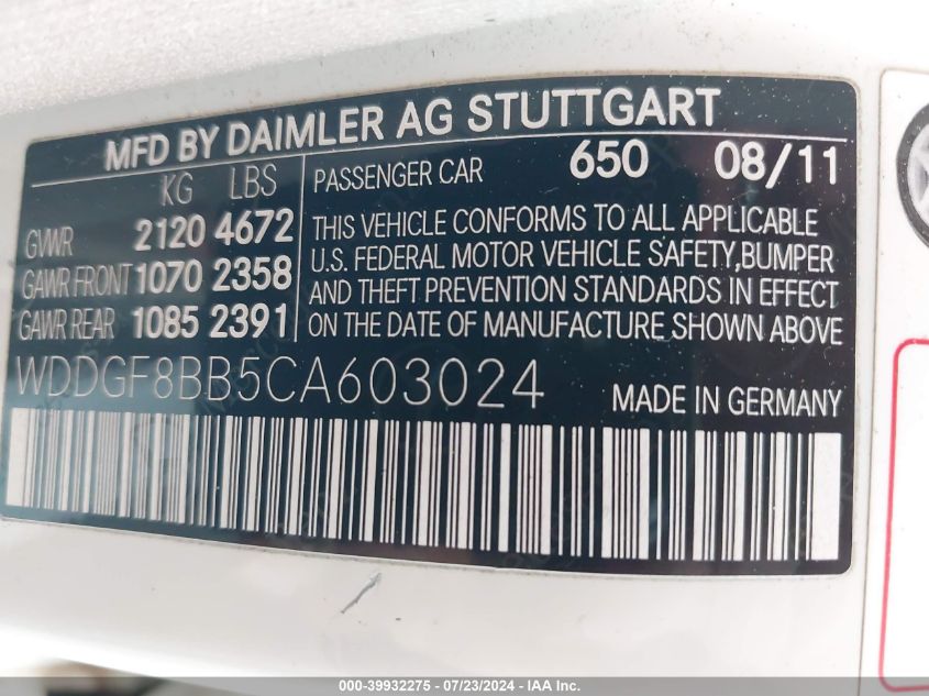 2012 Mercedes-Benz C 300 Luxury 4Matic/Sport 4Matic VIN: WDDGF8BB5CA603024 Lot: 39932275