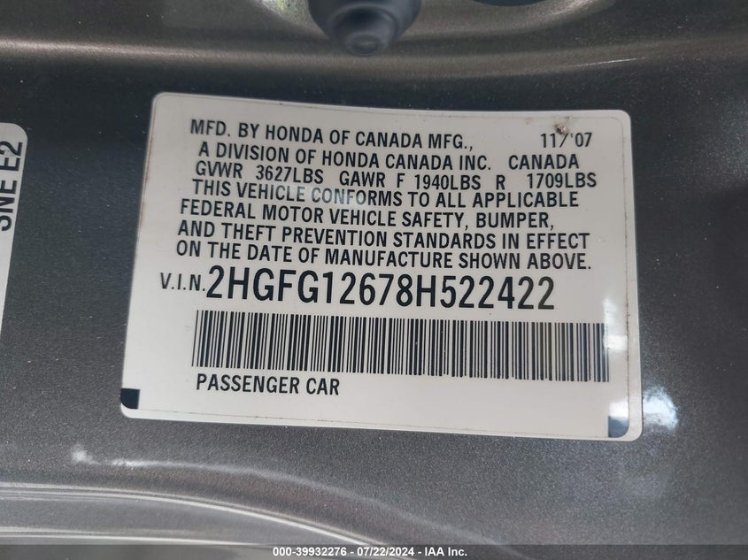 2008 Honda Civic Lx VIN: 2HGFG12678H522422 Lot: 39932276