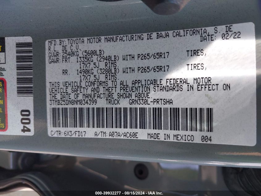 2022 Toyota Tacoma Trd Sport VIN: 3TMBZ5DN8NM034399 Lot: 39932277