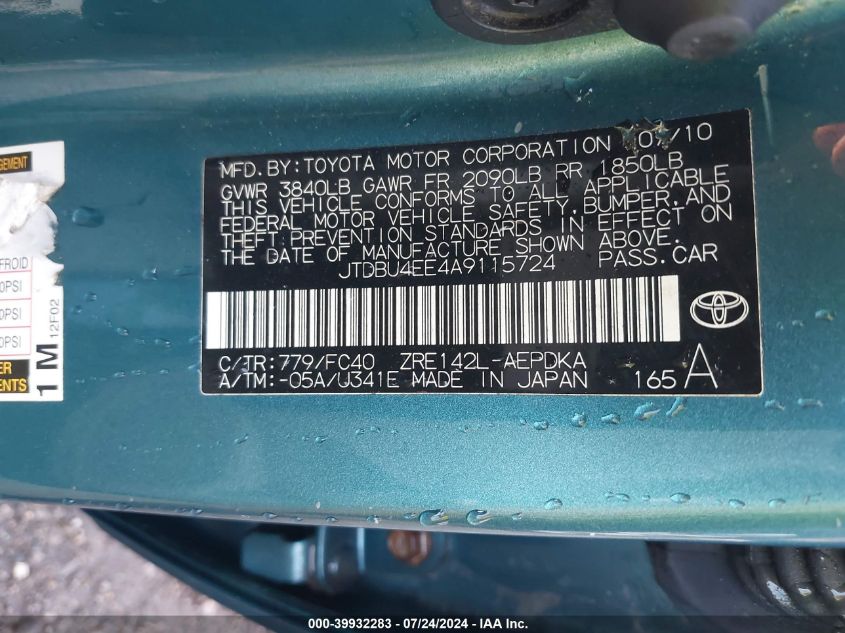 2010 Toyota Corolla S/Le/Xle VIN: JTDBU4EE4A9115724 Lot: 39932283