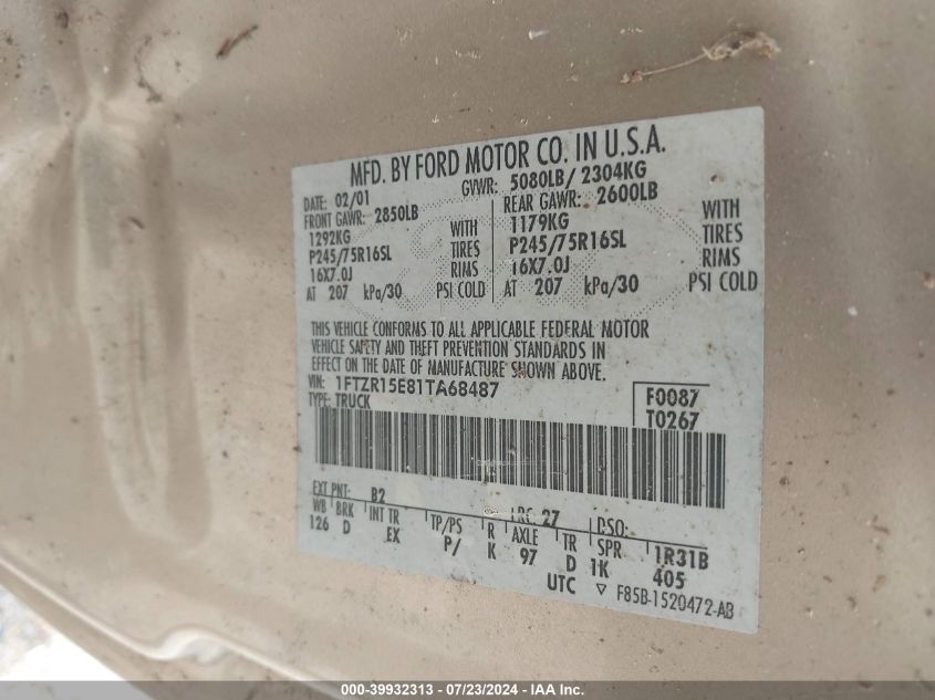 2001 Ford Ranger Edge/Xlt VIN: 1FTZR15E81TA68487 Lot: 39932313