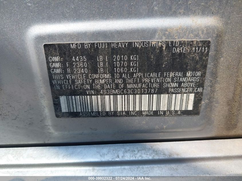2012 Subaru Legacy 2.5I Premium VIN: 4S3BMBC63C3013787 Lot: 39932322