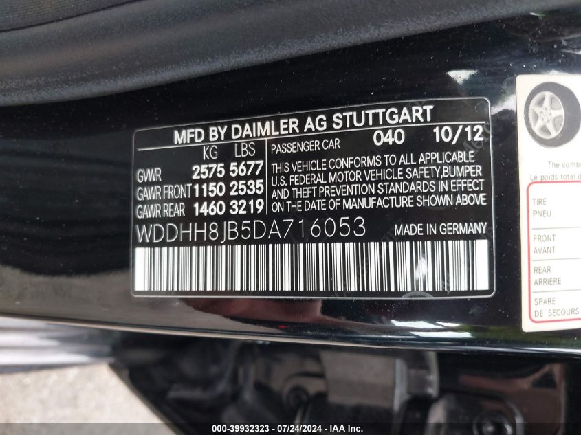 2013 Mercedes-Benz E 350 4Matic VIN: WDDHH8JB5DA716053 Lot: 39932323