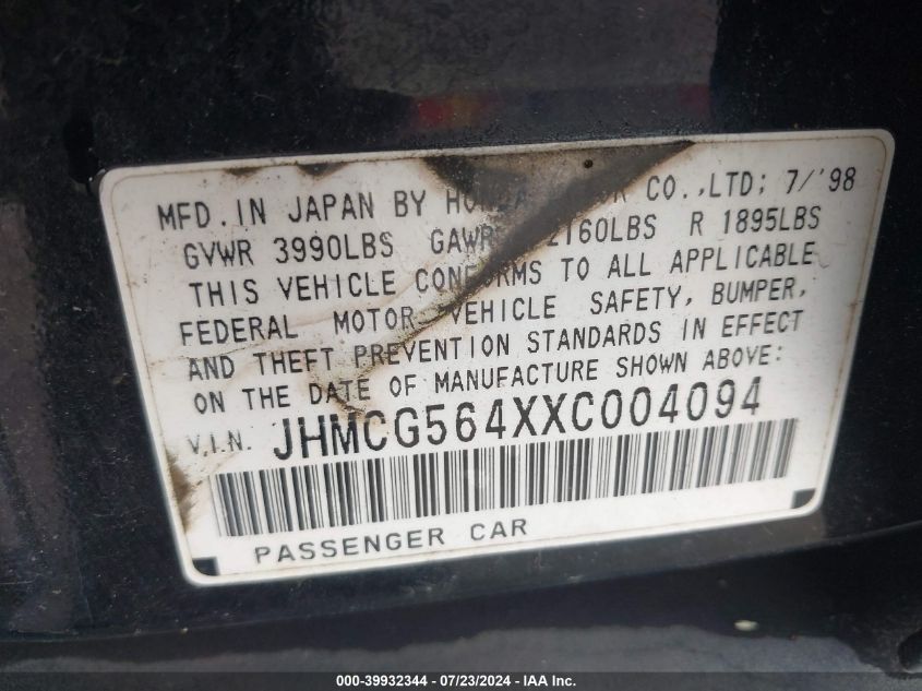 1999 Honda Accord Lx VIN: JHMCG564XXC004094 Lot: 39932344