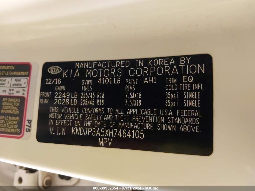 2017 Kia Soul + VIN: KNDJP3A5XH7464105 Lot: 39932354