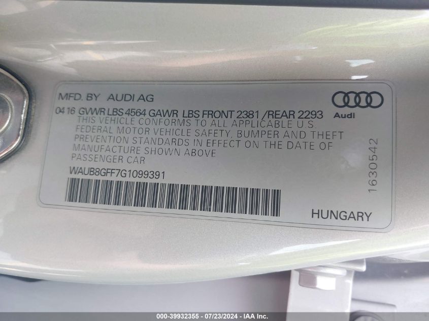 WAUB8GFF7G1099391 2016 Audi A3 2.0T Premium