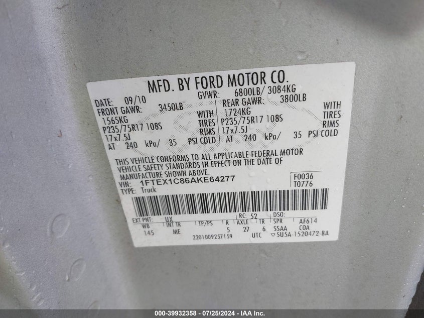 2010 Ford F-150 Fx2 Sport/Stx/Xl/Xlt VIN: 1FTEX1C86AKE64277 Lot: 39932358