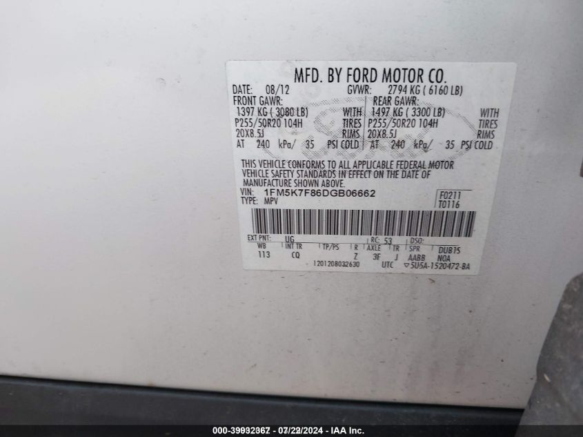 2013 Ford Explorer Limited VIN: 1FM5K7F86DGB06662 Lot: 39932367