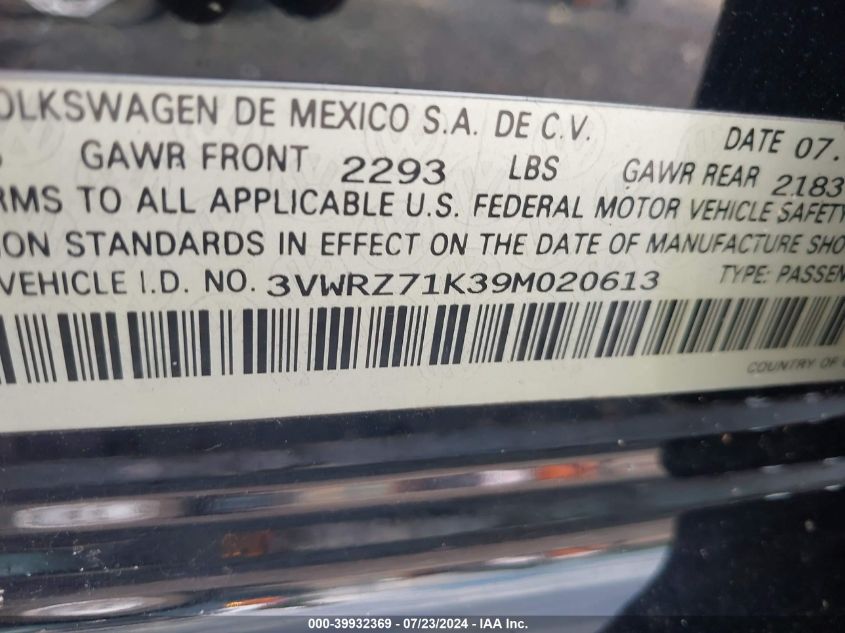 2009 Volkswagen Jetta Se/Sel VIN: 3VWRZ71K39M020613 Lot: 39932369
