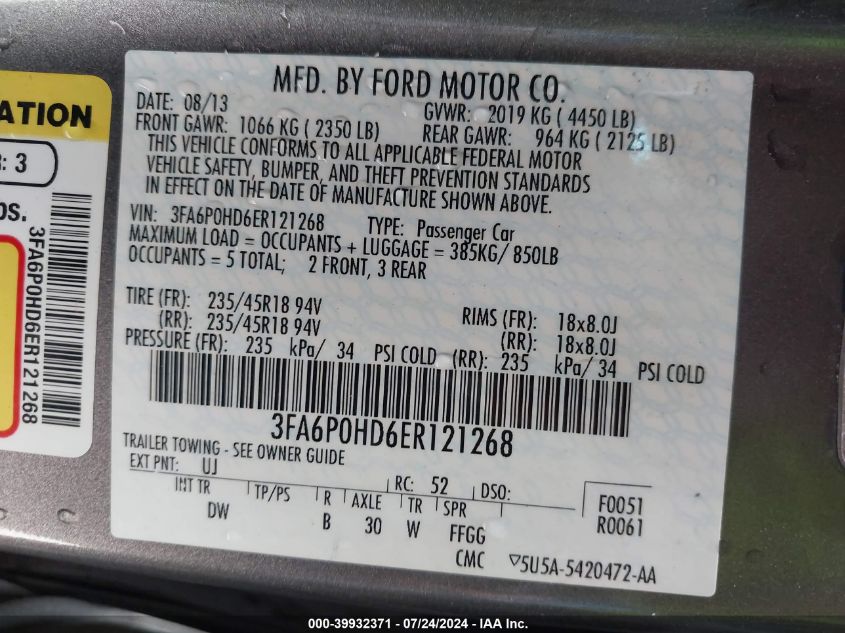 2014 Ford Fusion Se VIN: 3FA6P0HD6ER121268 Lot: 39932371