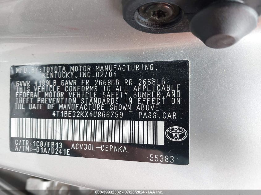 2004 Toyota Camry Le VIN: 4T1BE32KX4U866759 Lot: 39932382