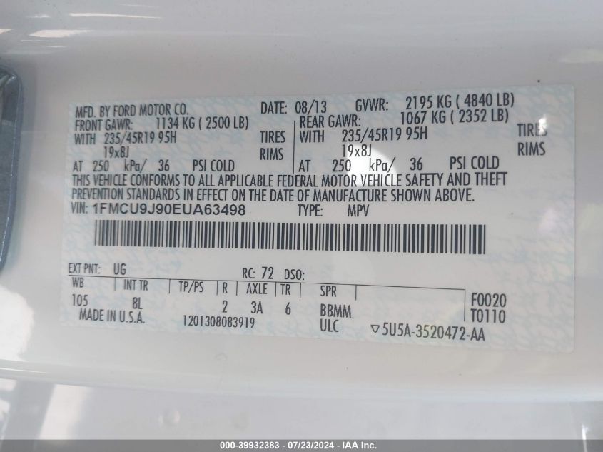 2014 Ford Escape Titanium VIN: 1FMCU9J90EUA63498 Lot: 39932383