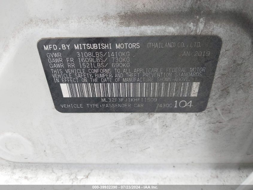 2019 Mitsubishi Mirage G4 Es VIN: ML32F3FJ1KHF11509 Lot: 39932390