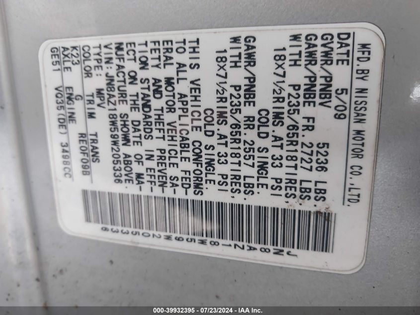 2009 Nissan Murano S VIN: JN8AZ18W59W205336 Lot: 39932395