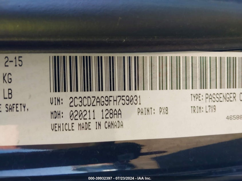 2015 Dodge Challenger Sxt VIN: 2C3CDZAG9FH759031 Lot: 39932397