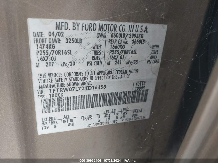 2002 Ford F-150 Lariat/Xlt VIN: 1FTRW07L72KD16458 Lot: 39932406