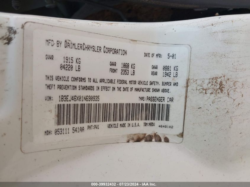 2001 Dodge Stratus Se VIN: 1B3EJ46X01N690935 Lot: 39932432