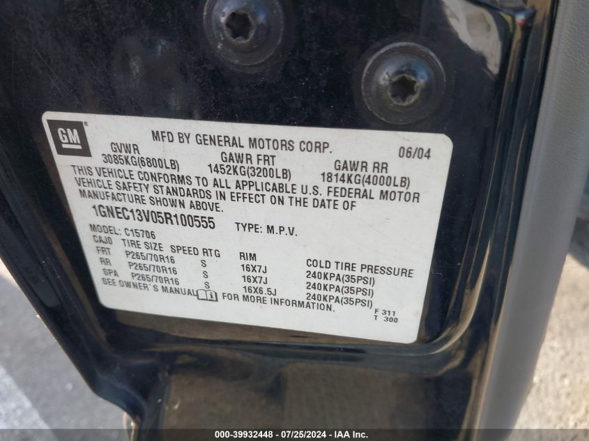 2005 Chevrolet Tahoe Ls VIN: 1GNEC13V05R100555 Lot: 39932448