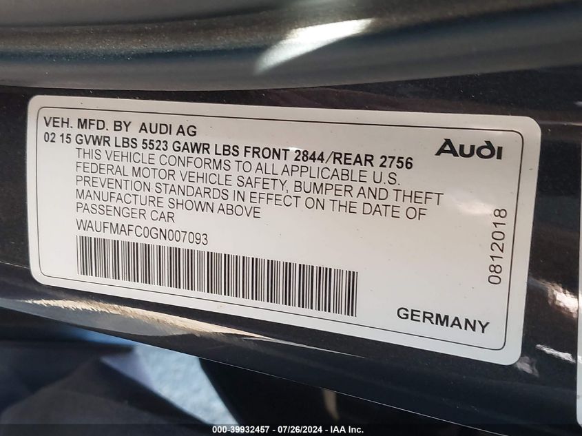 2016 Audi A6 3.0 Tdi Premium Plus VIN: WAUFMAFC0GN007093 Lot: 39932457
