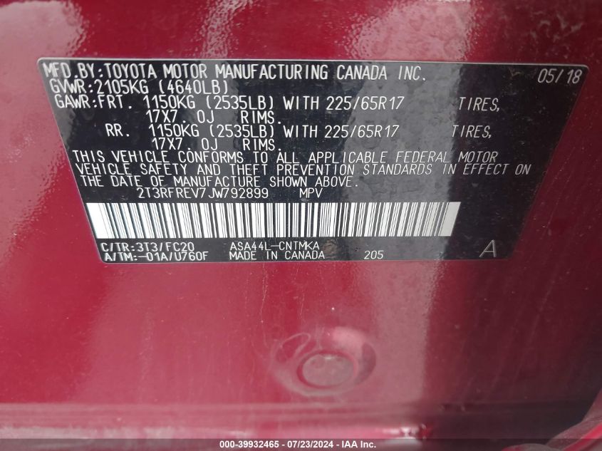 2018 Toyota Rav4 Xle VIN: 2T3RFREV7JW792899 Lot: 39932465