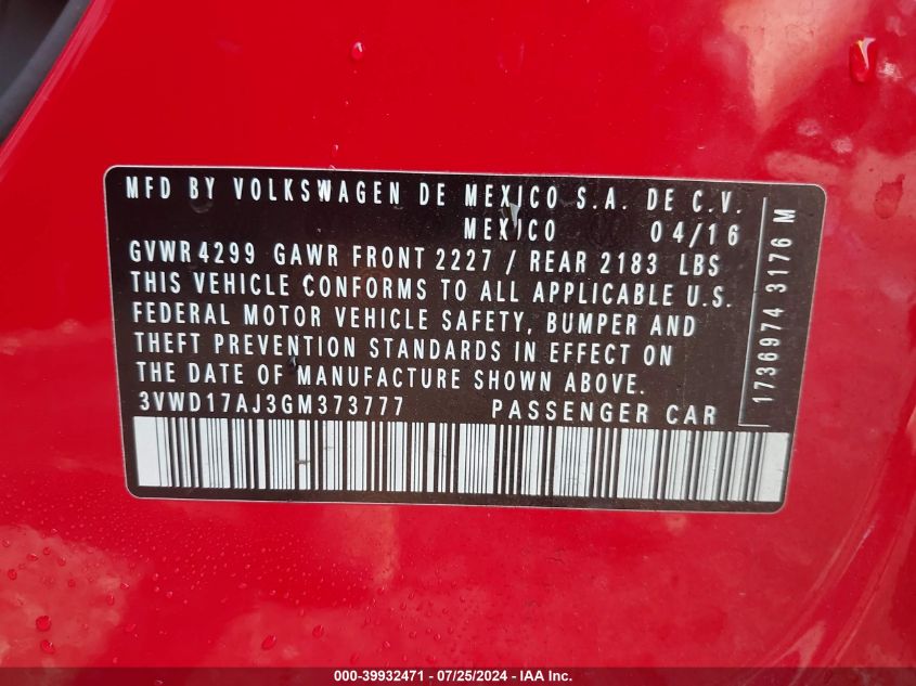 2016 Volkswagen Jetta 1.8T Sport VIN: 3VWD17AJ3GM373777 Lot: 39932471
